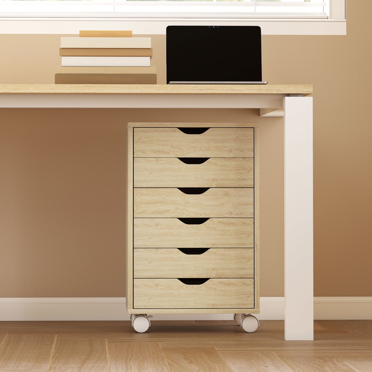 6 Drawer Vertical File Cabinet, Mobile Filing Cabinet with Quiet Drawers and Wheels with 2 Brakes, Oak Wood Effect