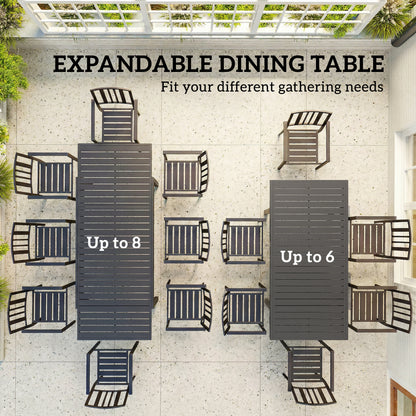 Extending Garden Table for 6-8 People, Full Aluminium Outdoor Dining Table with Slatted Top, Dark Grey