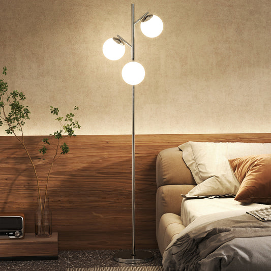 3-Light Tree Floor Lamps for Living Room, Modern Standing Lamp for Bedroom with Globe Lampshade, Steel Base
