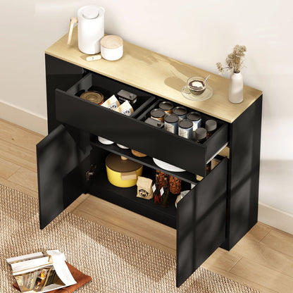 Kitchen Island, Storage Cabinet with Adjustable Shelf, 2 Drawers, 3 Open Shelves, Black