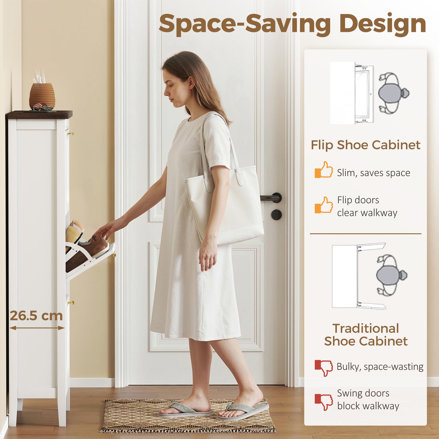 Shoe Cabinet with 3 Flip Drawers, Farmhouse Narrow Shoe Storage Cabinet with Adjustable Shelves, White