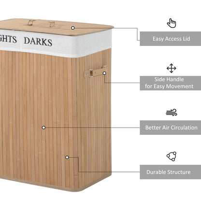 100L Collapsible Natural Wood Laundry Hamper Organizer Clothes Washing Basket Bin Storage Box w/Lid Removable Lining 52x32x63