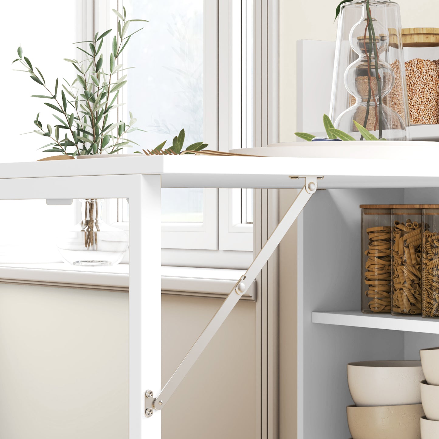 Kitchen Table, Folding Dining Table, with 4-Tier Shelves, Modern Drop-Leaf Table, White