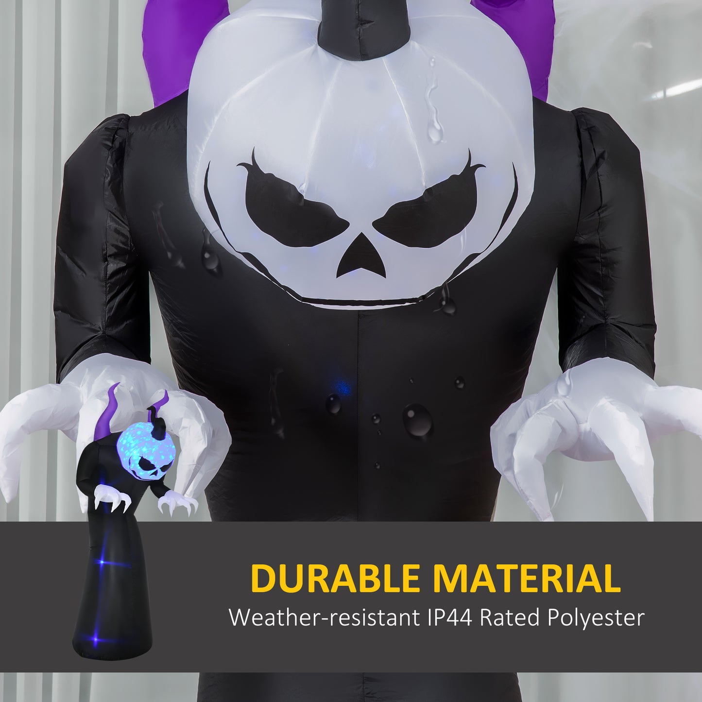 7ft Inflatable Halloween Ghost with Horns, Blow-Up Outdoor LED Display with Flame Effect for Garden, Lawn, Party, Holiday