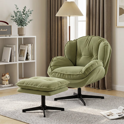 Armchair with Adjustable Footstool, 360° Swivel Chenille Cloud Accent Chair with Thick Cushion, Steel Base, Green