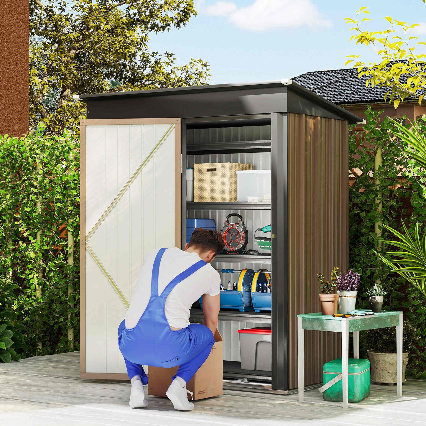 5 x 3ft Corrugated Steel Storage Shed, with Lock - Brown