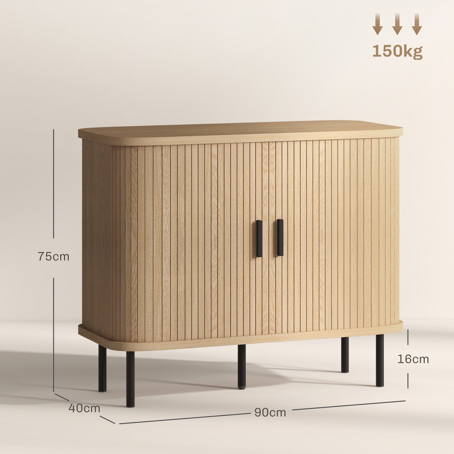 Mid-Century Modern Sideboard Storage Cabinet with Slatted Tambour Sliding Doors, Kitchen Cabinet with Steel Legs, Oak Tone
