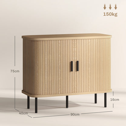 Mid-Century Modern Sideboard Storage Cabinet with Slatted Tambour Sliding Doors, Kitchen Cabinet with Steel Legs, Oak Tone