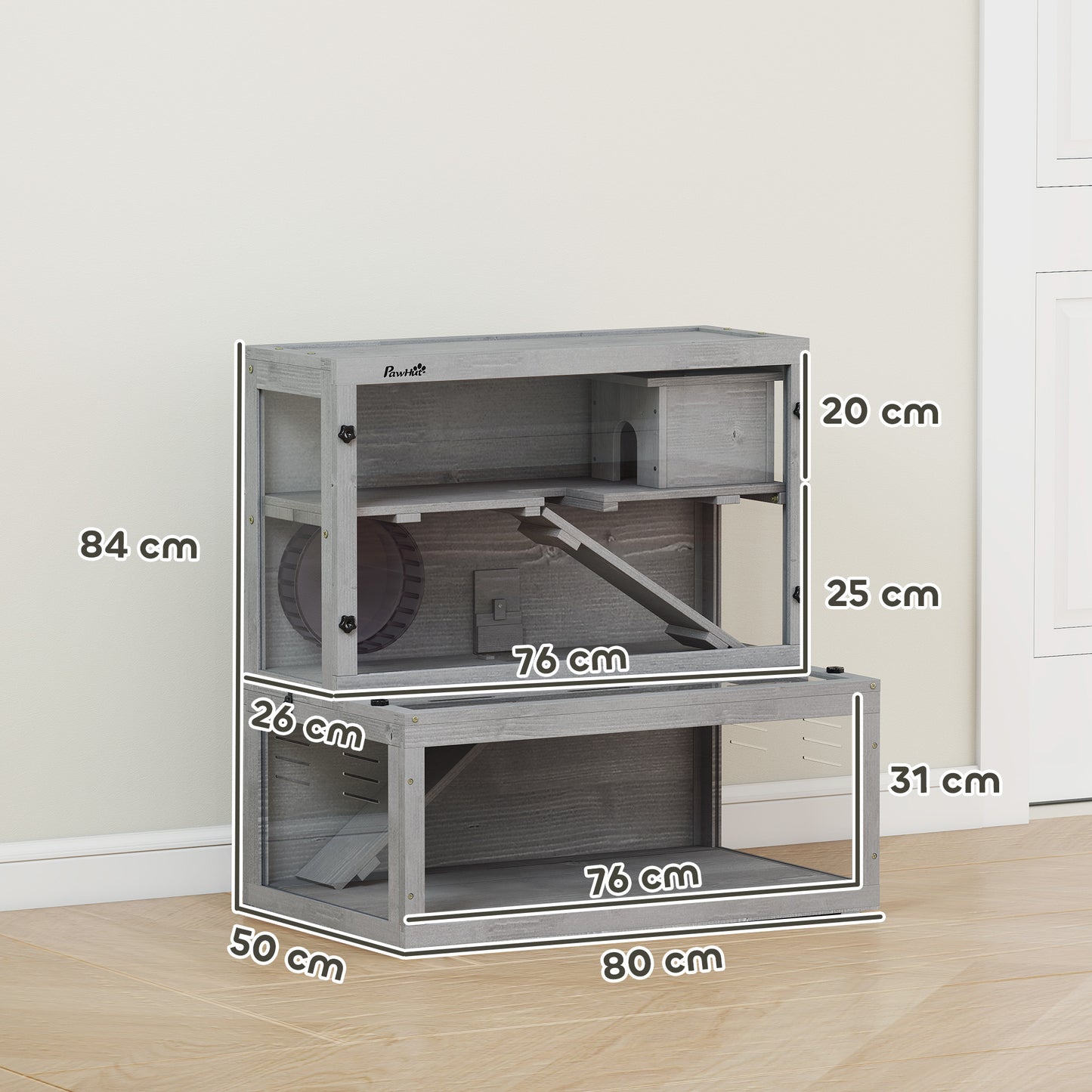 Wooden Hamster Cage with Hut, Wheel, Ramps, Removable Viewing Panels, 80 x 50 x 84 cm, Grey