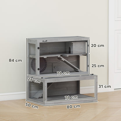 Wooden Hamster Cage with Hut, Wheel, Ramps, Removable Viewing Panels, 80 x 50 x 84 cm, Grey