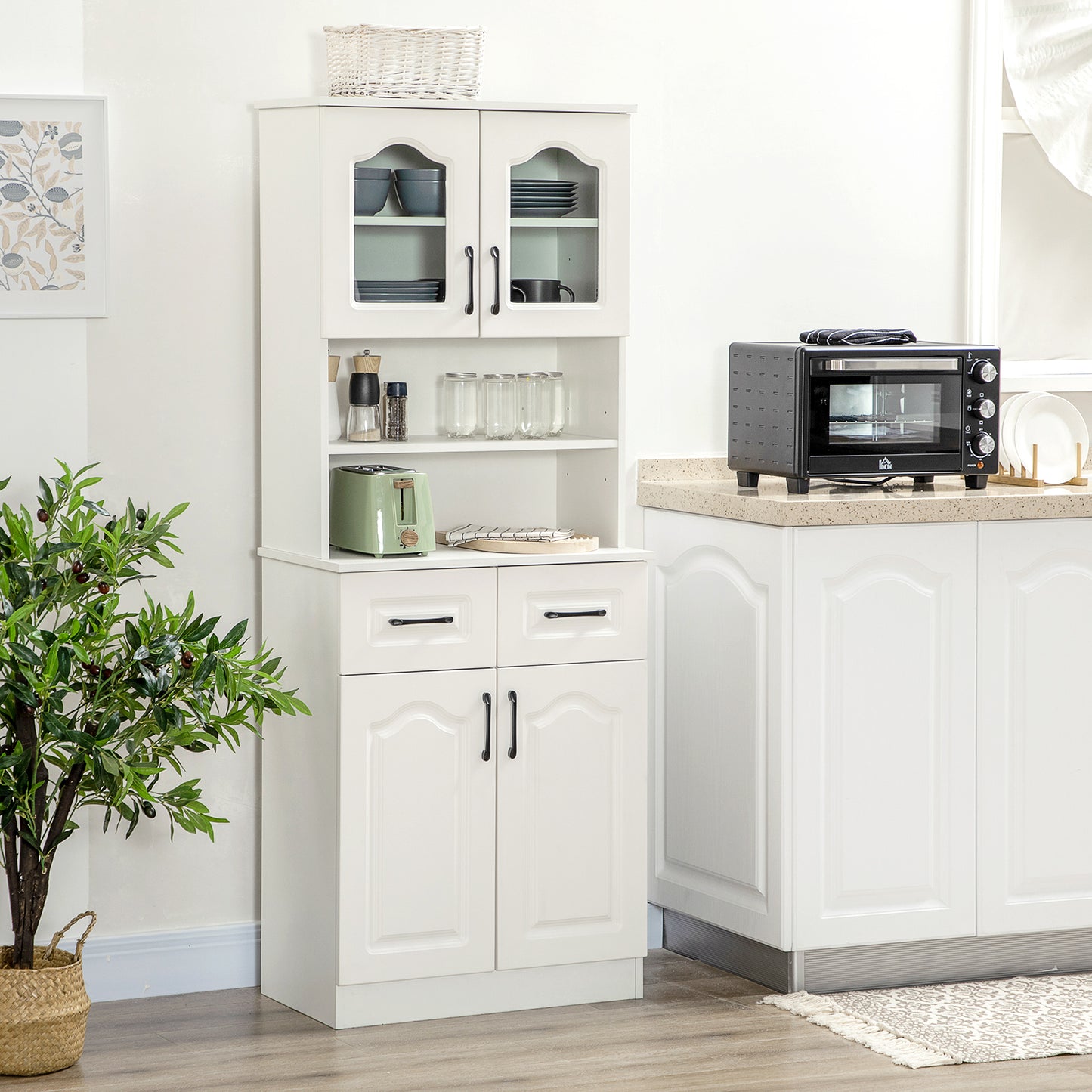 Kitchen Cupboard, Freestanding Storage Cabinet with 2 Adjustable Shelves, 2 Drawers and Open Counter for Living Room