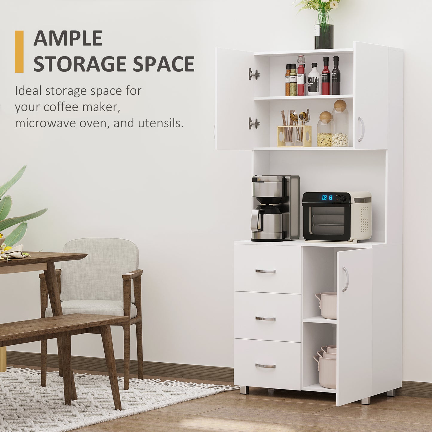 183.5cm Free standing Kitchen Cupboard, Storage Cabinet with Doors and Sheleves, 3 drawers and Open Space