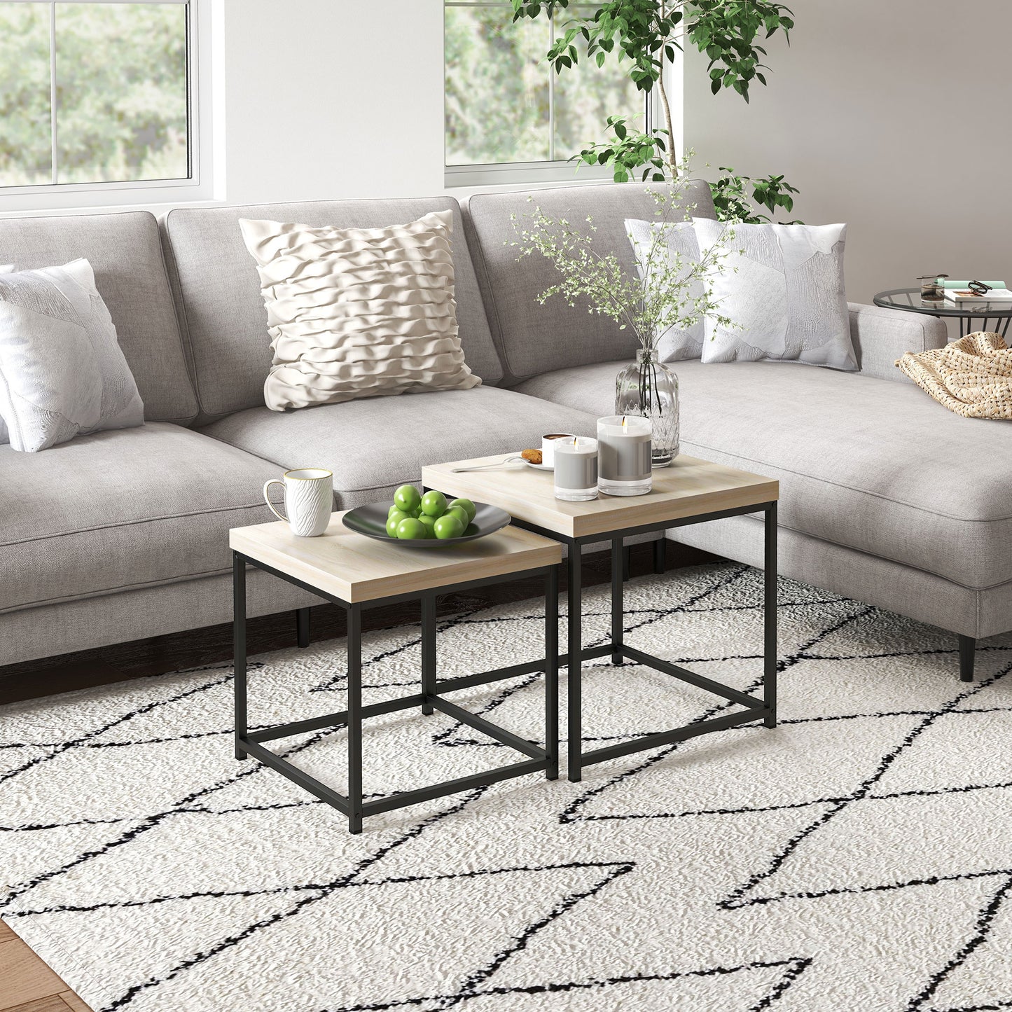 Coffee Table Set of 2, Nest of Tables with 3.5cm Thick Tabletop, Oak