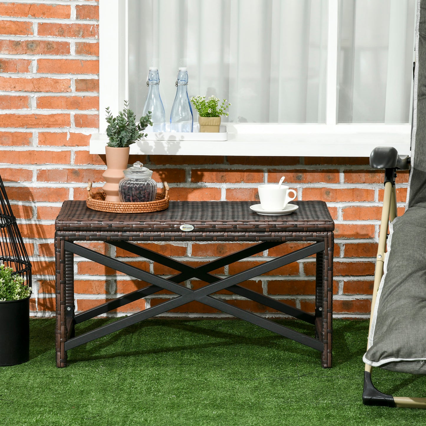 PE Rattan Garden Side Table, Outdoor Coffee Table with X-Shape Frame, Mixed Brown