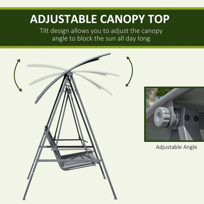 2 Seater Garden Swing Seat Swing Chair, Outdoor Canopy Swing Bench with Adjustable Shade, Metal Frame and Texteline Seat