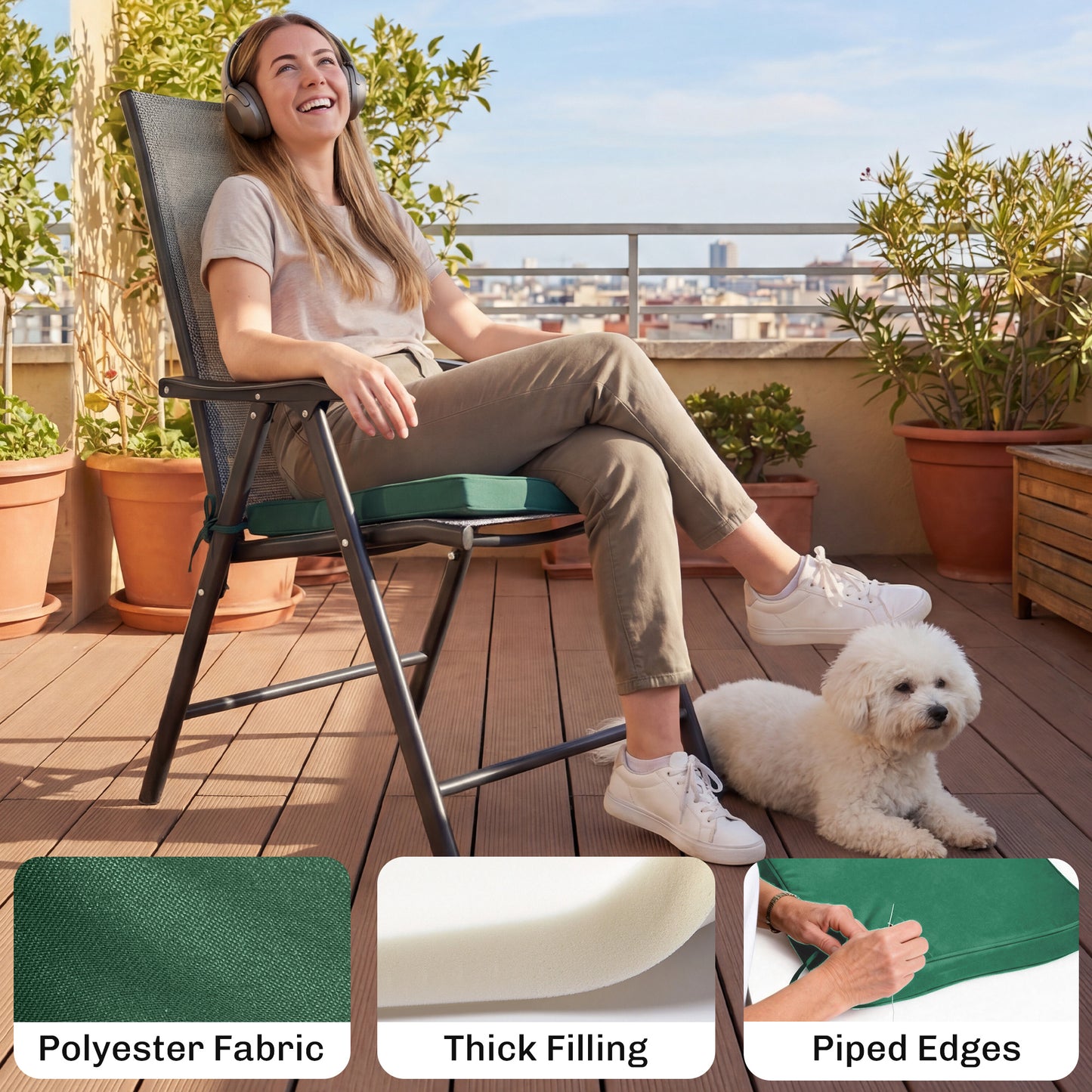 Set of 6 Chair Cushion Seat Pads Dining Chair w/ Straps, Indoor Outdoor Removable Tie On Garden Patio, Green
