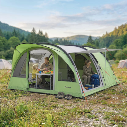 4 Person Easy Setup Family Camping Tent with 2 Rooms, Waterproof Tunnel Tent w/ Sewn In Groundsheet, Green & Grey