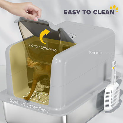 Stainless Steel Cat Litter Box with Removable Lid, Scoop, Filter Bags, for Larger Cats, Grey