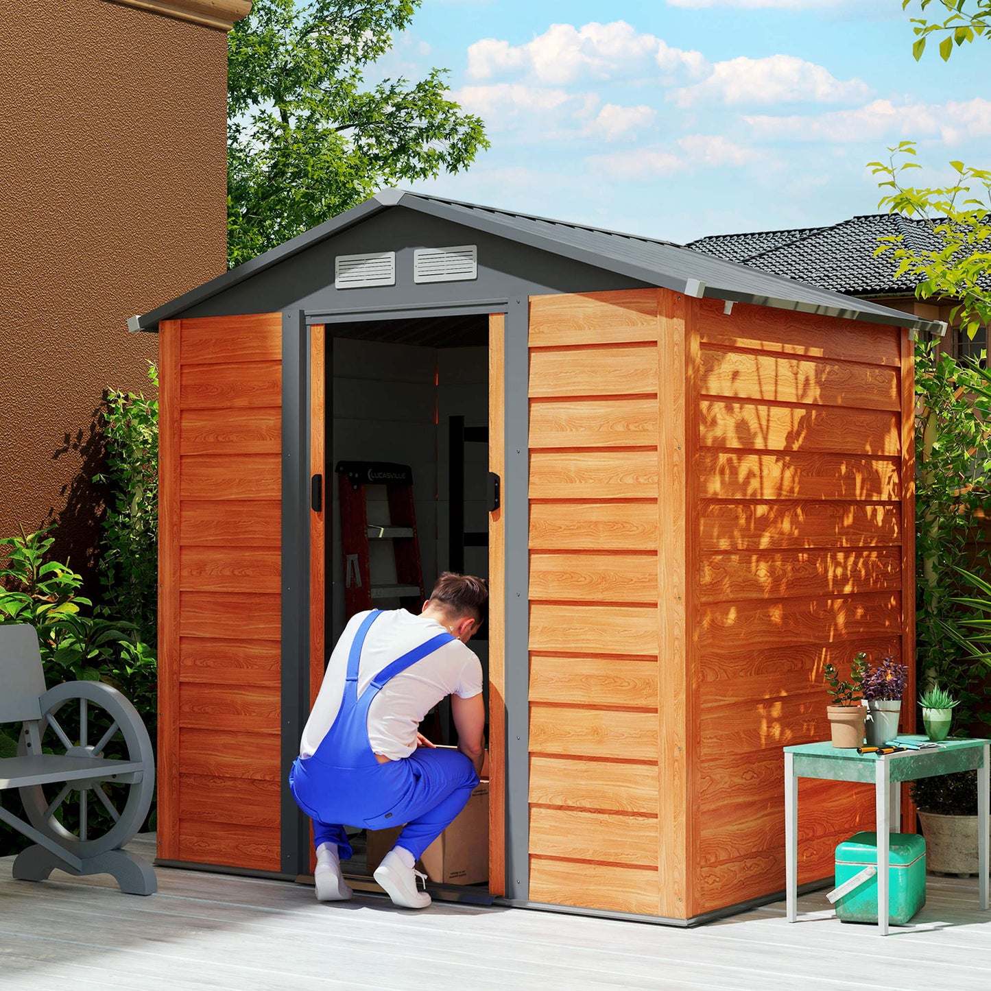 6.5 x 5ft Metal Garden Shed, House Hut Gardening Tool Storage with Ventilations, Sliding Door, Sloped Roof for Garden, Patio