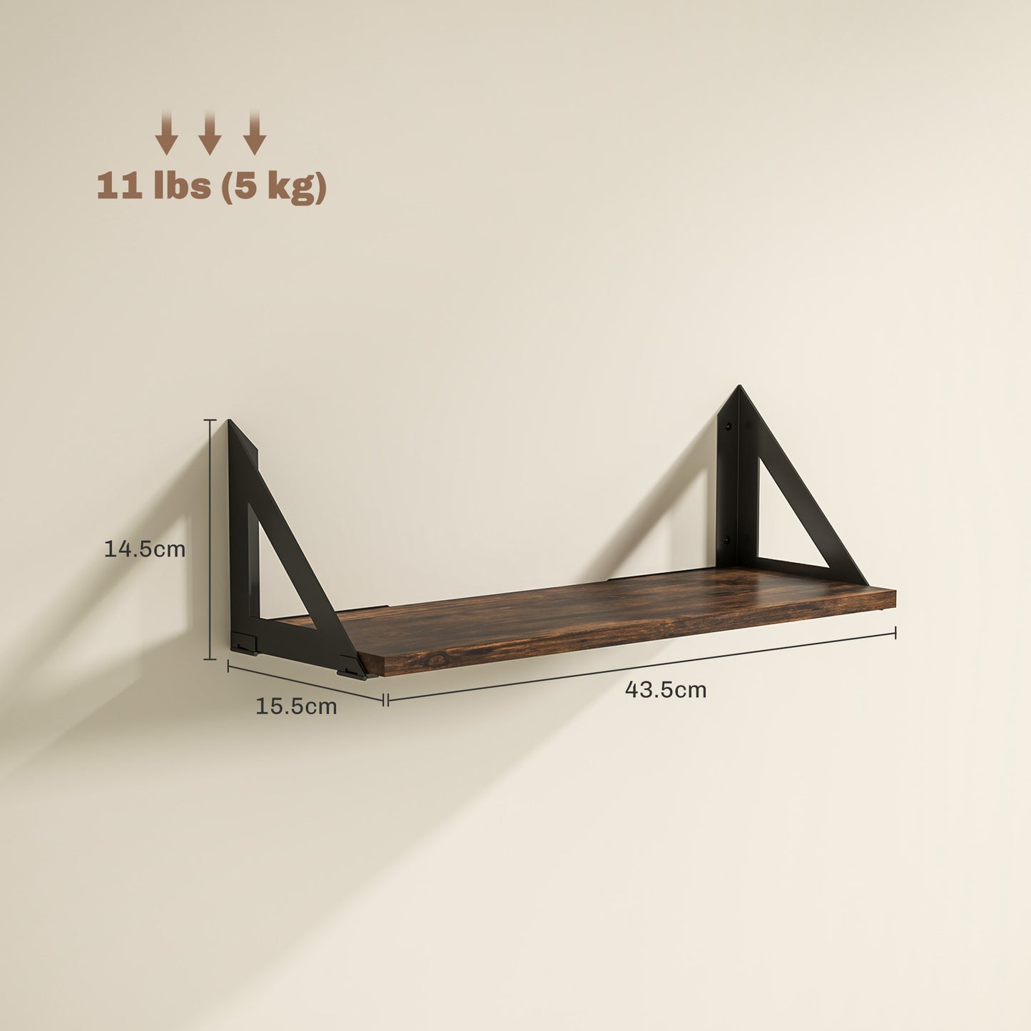 Set of 3 Wall Shelves, 43cm Vintage Wall Mounted Floating Shelves for Living Room, Entryway, Bedroom, Rustic Brown