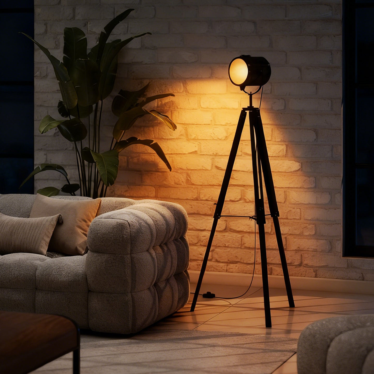 Industrial Tripod Floor Lamp, Nautical Searchlight with Adjustable Height, Wood Legs, E14 Lamp Base for Living Room, Bedroom