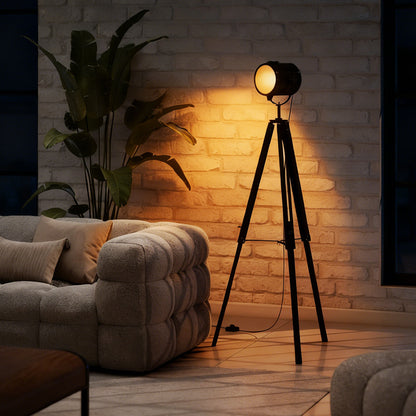 Industrial Tripod Floor Lamp, Nautical Searchlight with Adjustable Height, Wood Legs, E14 Lamp Base for Living Room, Bedroom