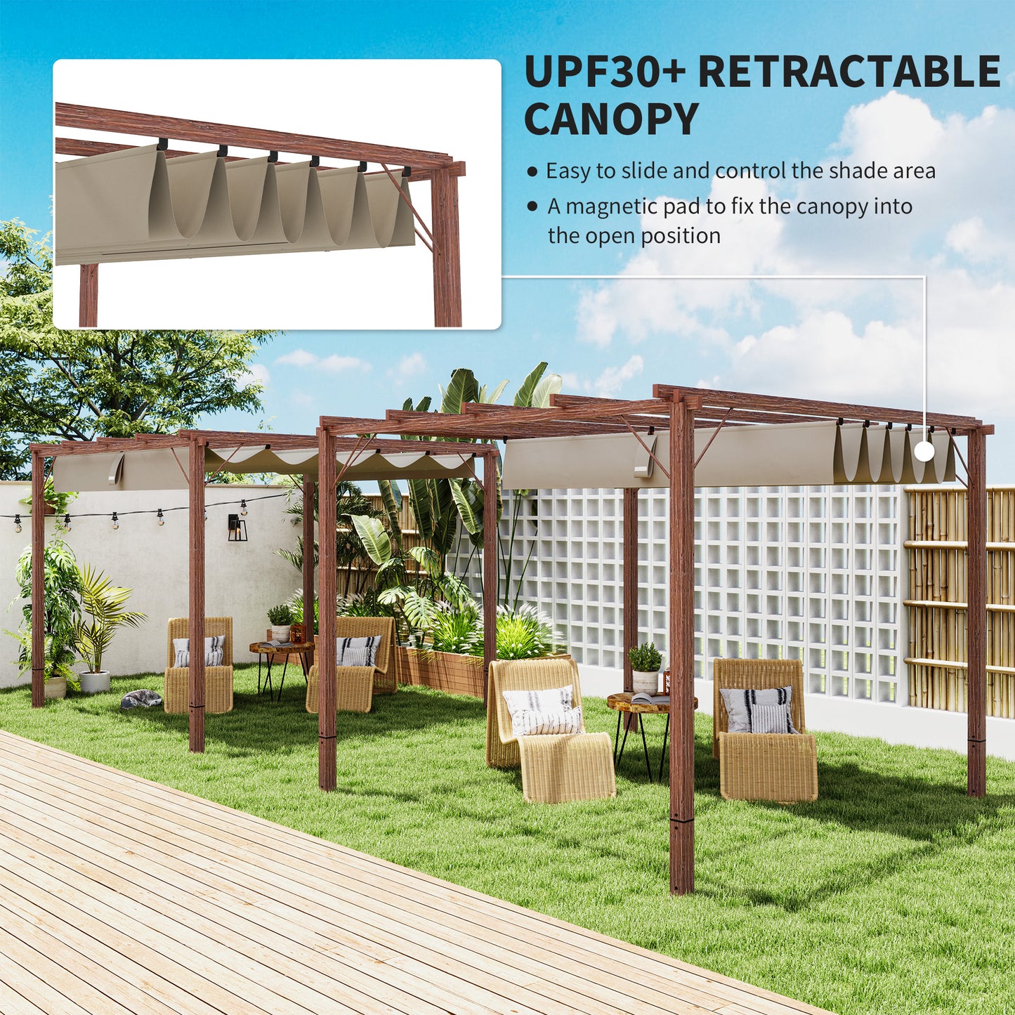 3 x 3 m Retractable Roof Pergola - Natural Wood Finish