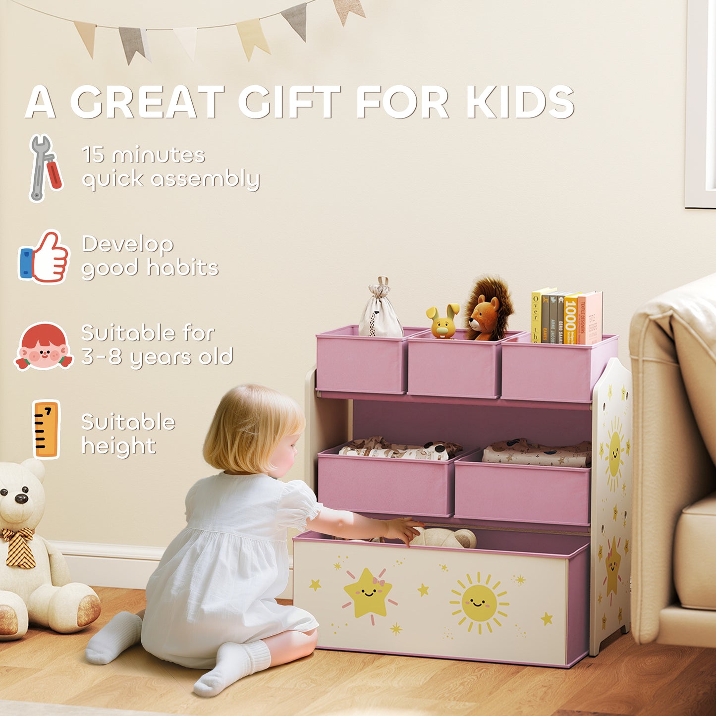 Kids Toy Storage Units, 3-Tier Toy Organiser Shelf with 6 Removable Boxes for Kids, Bedroom, Playroom, Pink