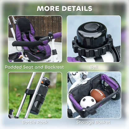 6 in 1 Kids Trike Push Bike w/ Push Handle, Canopy, 5-point Seat Belt, Storage, Footrest, Brake, for 1-5 Years, Purple