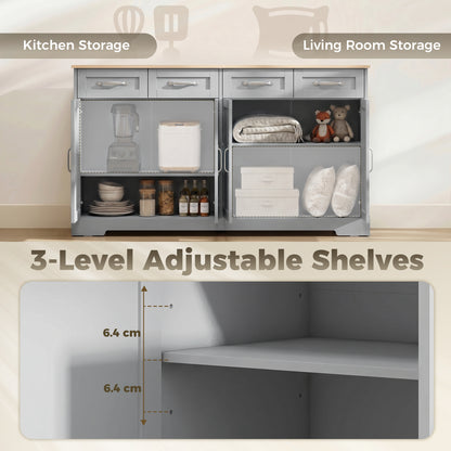 Sideboard Buffet Cabinet, 140 cm Kitchen Storage Cabinet with 4 Drawers, 4 Doors and 2 Adjustable Shelves, Grey