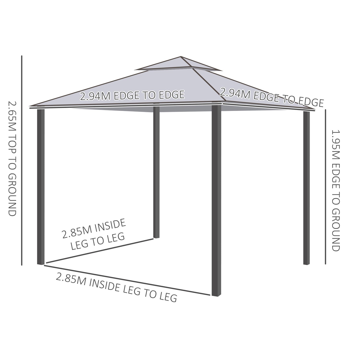3 x 3 m Metal Gazebo, Garden Pavillion, Double Roof Outdoor Canopy Shelter with Mesh Sidewalls, Grey