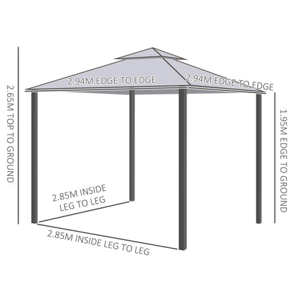 3 x 3 m Metal Gazebo, Garden Pavillion, Double Roof Outdoor Canopy Shelter with Mesh Sidewalls, Grey
