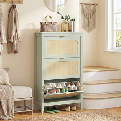Narrow Shoe Cabinet, Boho Slim Shoe Storage Cabinet with 3 Flip Drawers, Holds 21 Pairs, Light Green