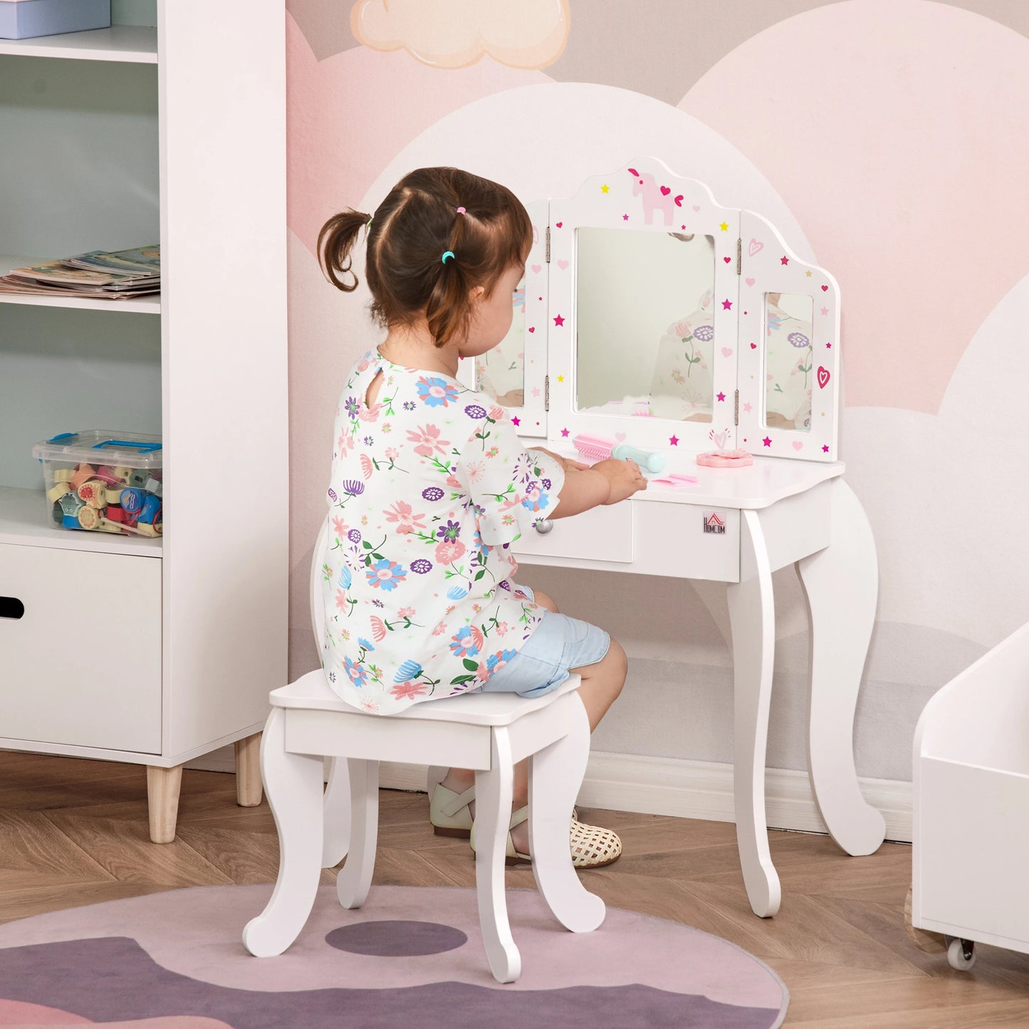 Kids Makeup Vanity Mirror Table with Chair and Folding Mirrors