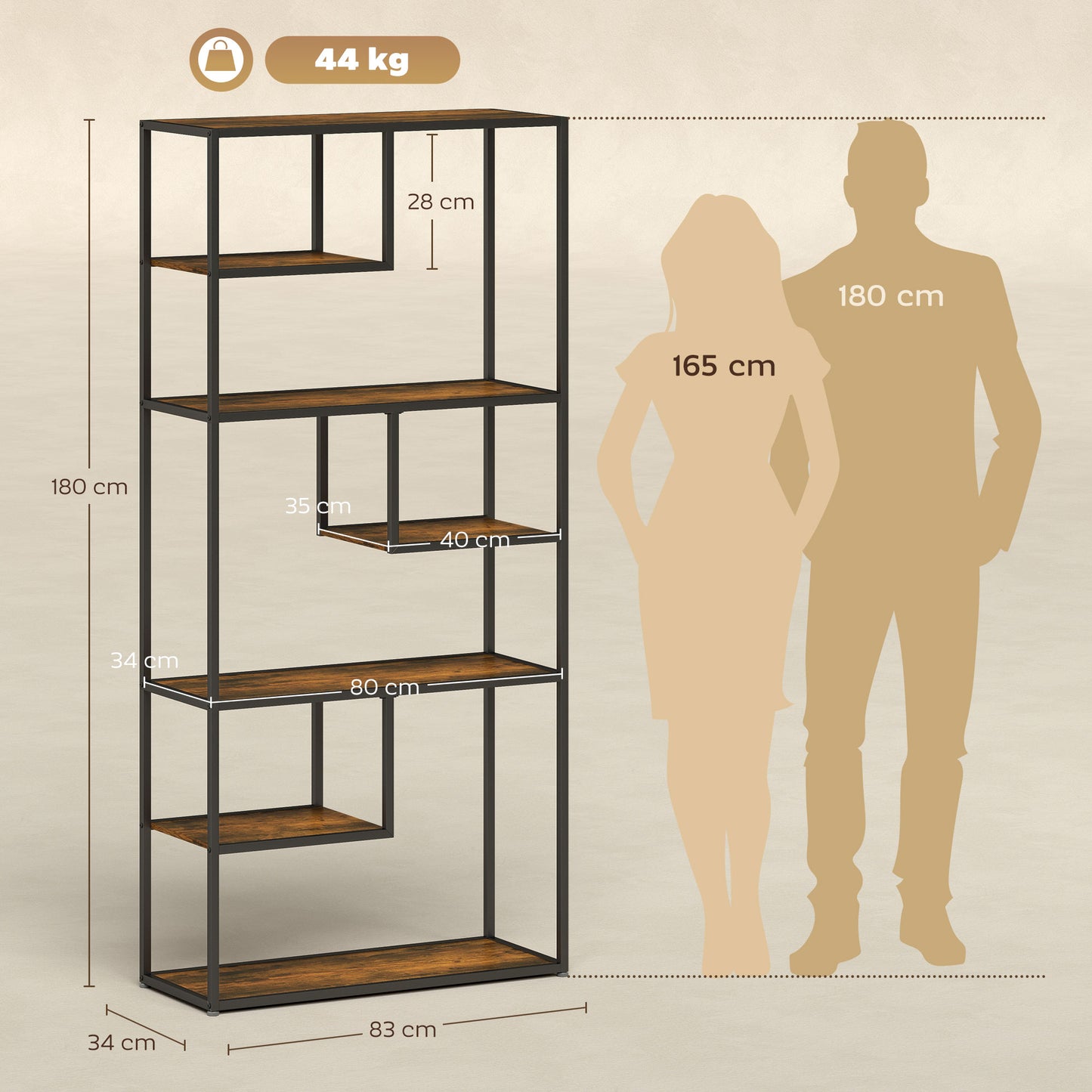 Industrial Bookcase Shelf, 6 Tier Metal Shelving, Storage Shelves for Living Room, Home Office, Bedroom, Rustic Brown