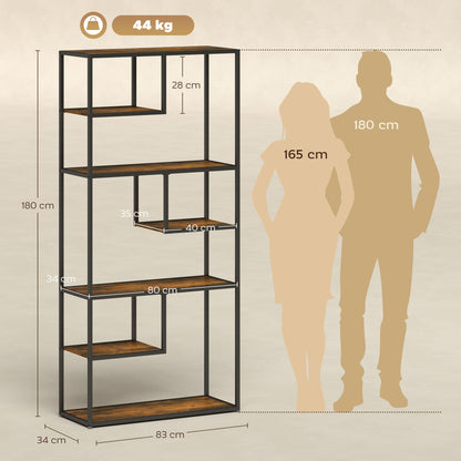 Industrial Bookcase Shelf, 6 Tier Metal Shelving, Storage Shelves for Living Room, Home Office, Bedroom, Rustic Brown