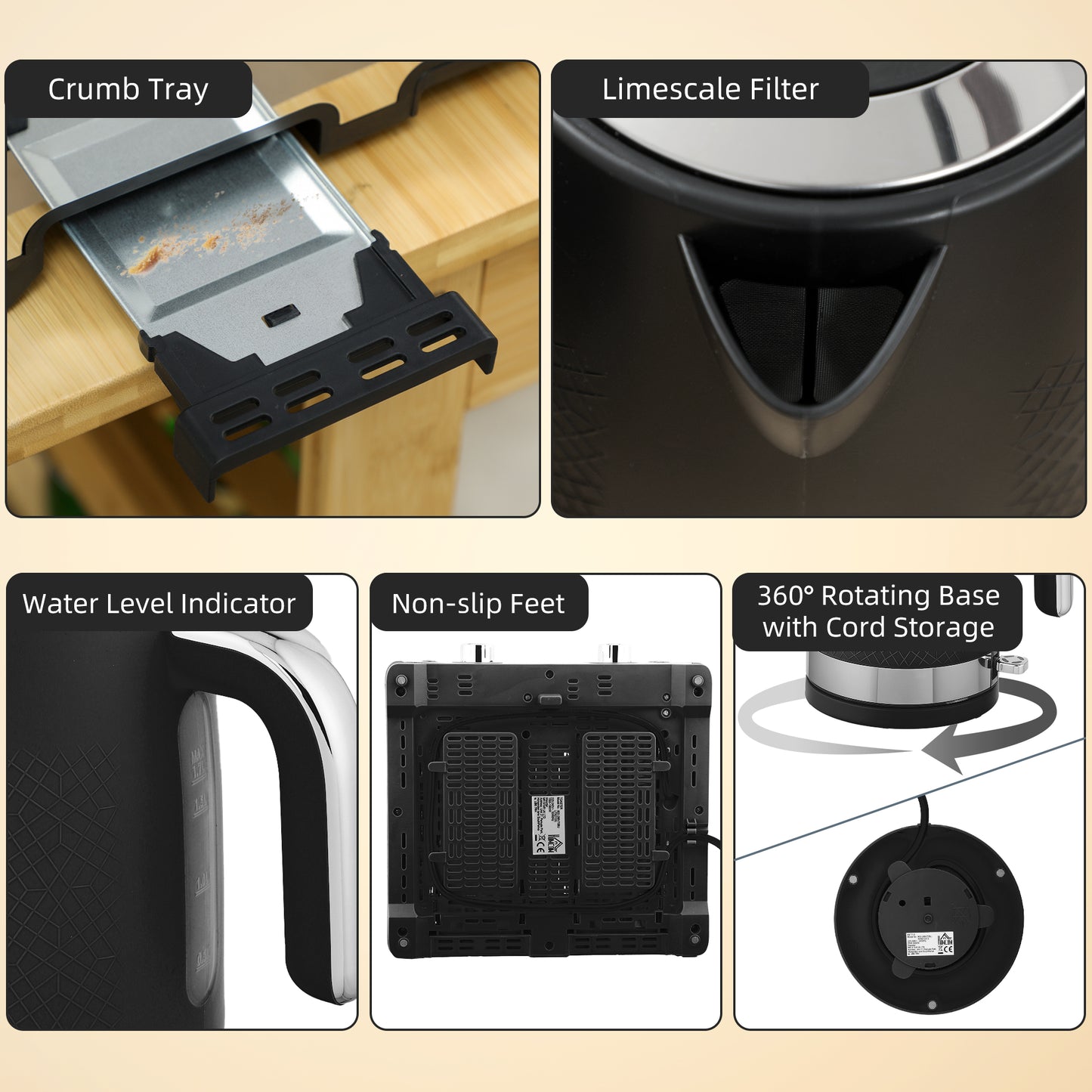 Sleek Textured Kettle and Four-Slice Toaster Set - Black