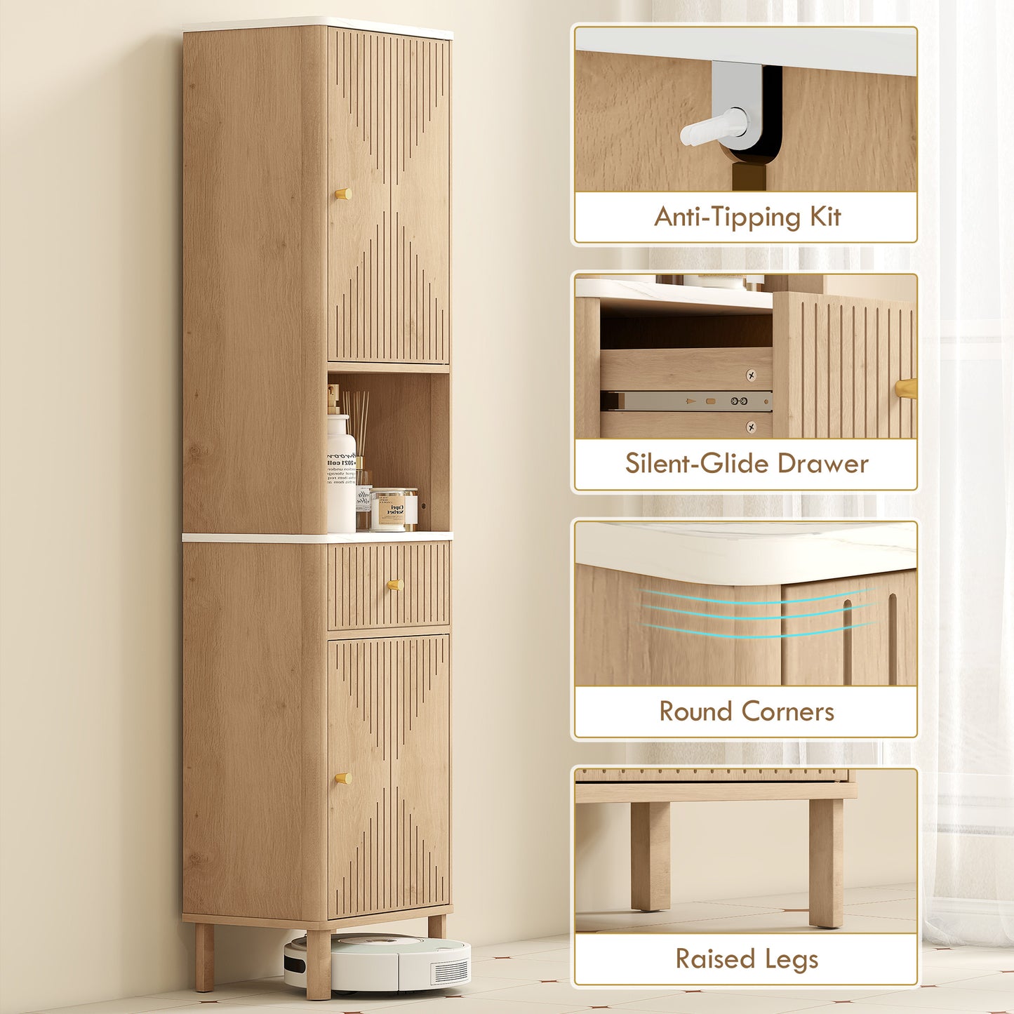 Slim Bathroom Cabinet with Silent Drawer Rail for Scandinavian, Japanese Styles - Wood-Effect