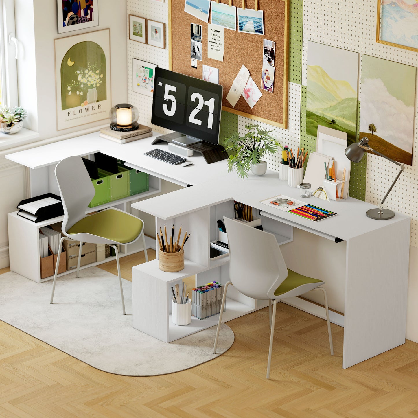 L-Shaped Corner Desk, Computer Desk with Keyboard Tray and Open Shelves, White Wood Effect