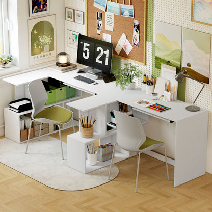 L-Shaped Corner Desk, Computer Desk with Keyboard Tray and Open Shelves, White Wood Effect