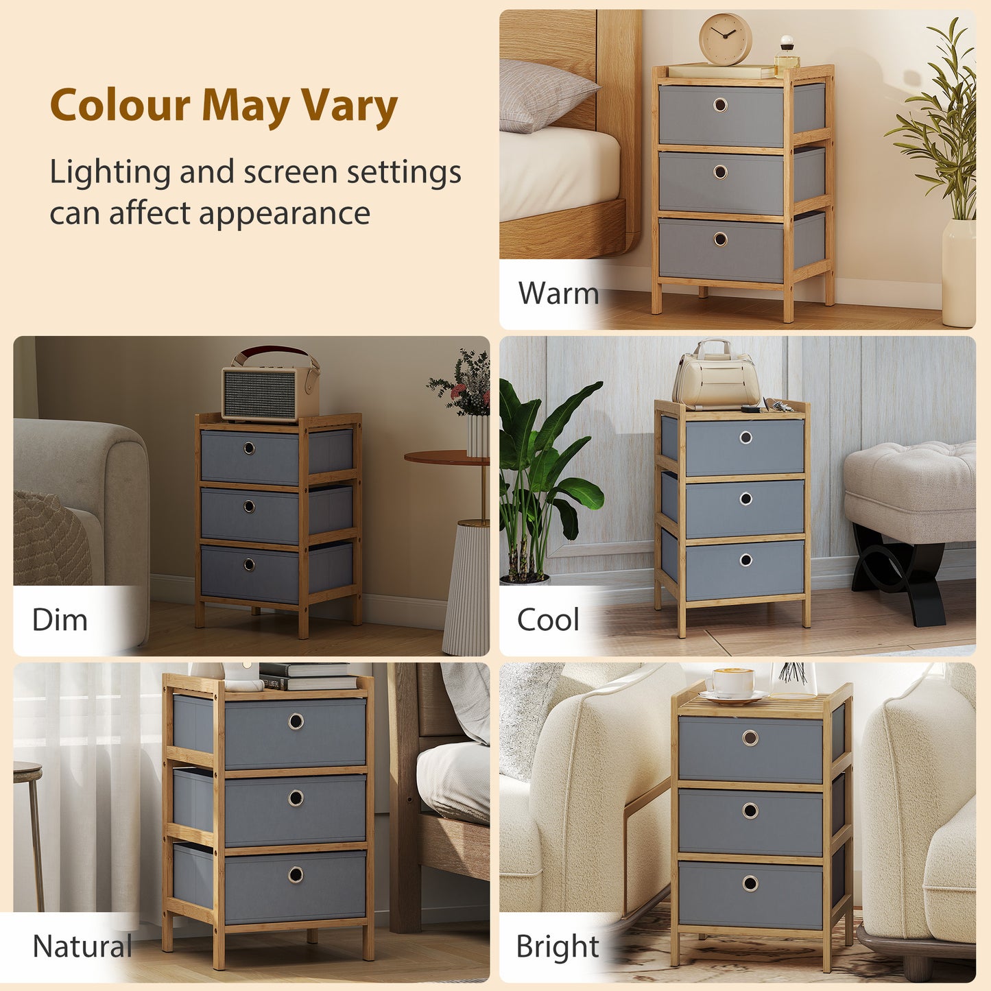 Chest of Drawers, 3 Fabric Drawers Narrow Dresser with Bamboo Frame, Light Grey