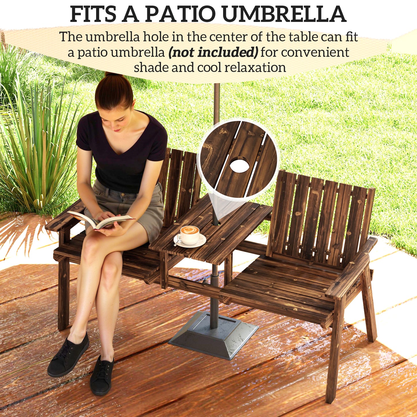 2-Seater Garden Loveseat with Table and Parasol Hole for Porch, Patio, Carbonised Finish