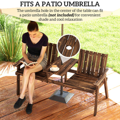 2-Seater Garden Loveseat with Table and Parasol Hole for Porch, Patio, Carbonised Finish