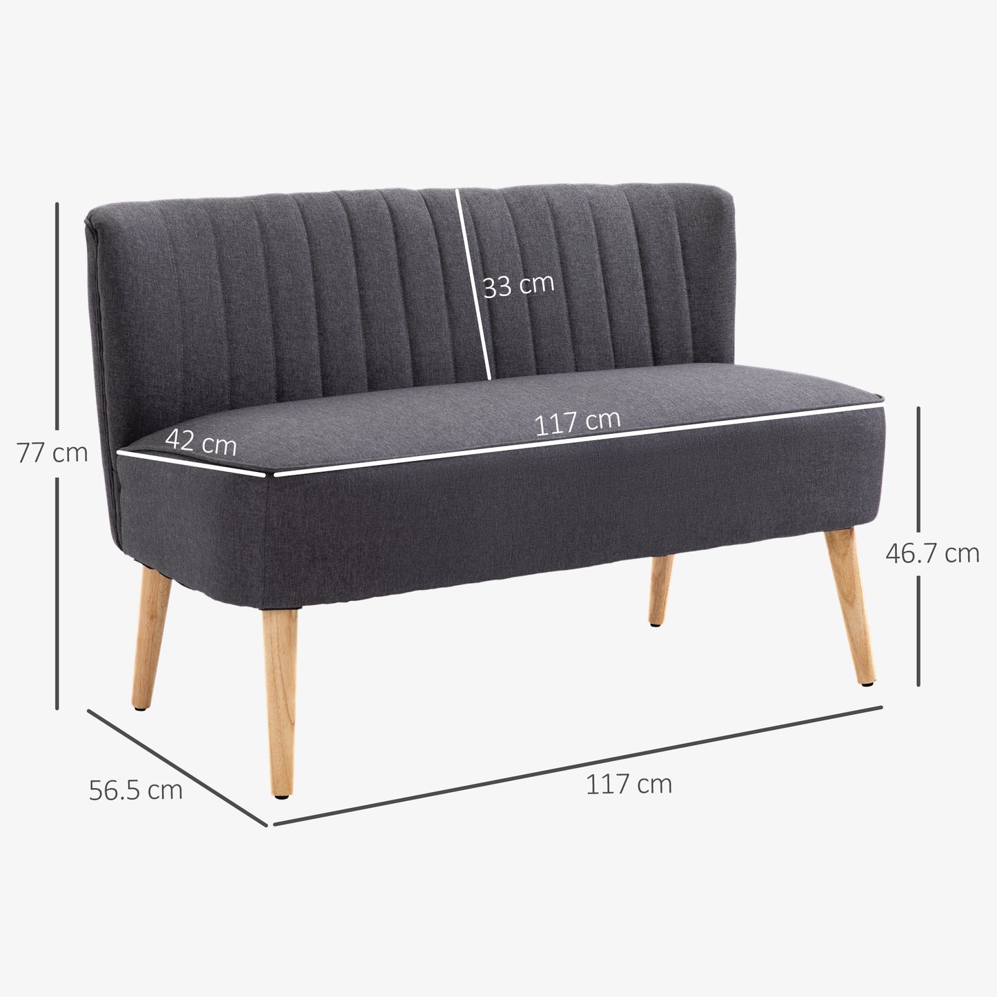 Modern Double Seat Sofa Loveseat Couch 2 Seater Compact Sofa Padded Linen Wood Leg Dark Grey