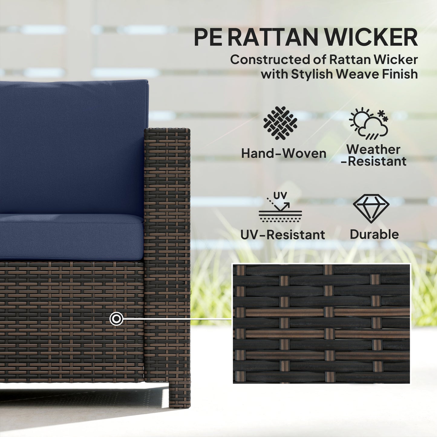3-Seater Weather Resistant Outdoor Garden Rattan Sofa Dark Blue