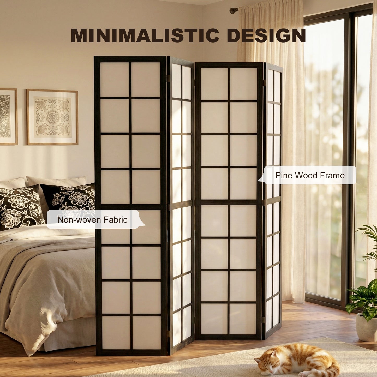 4 Panel Folding Room Divider, Freestanding Room Separator, Indoor Privacy Screen for Living Room, Bedroom, Black