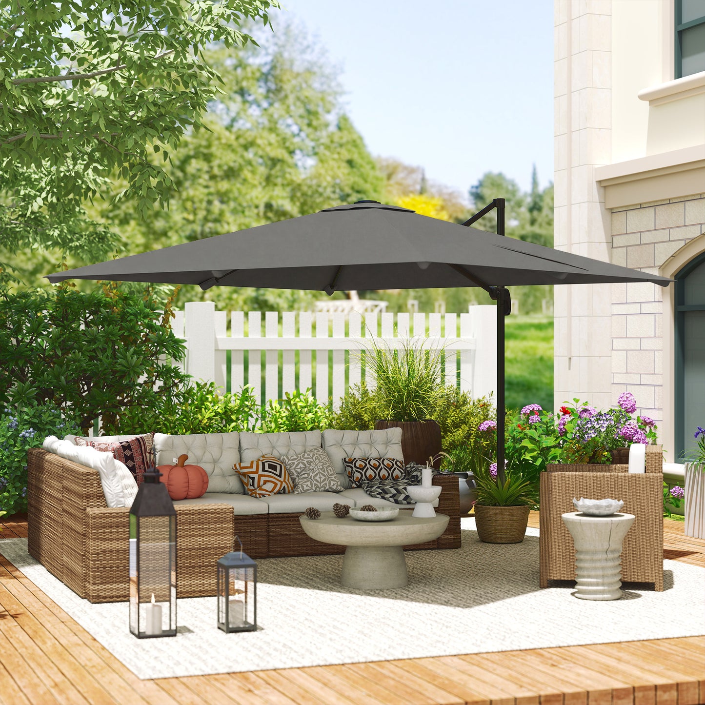 3 x 3 m Cantilever Parasol, Square Patio Umbrella with Crank Handle, Cross Base, Tilt, 360° Rotation, Dark Grey