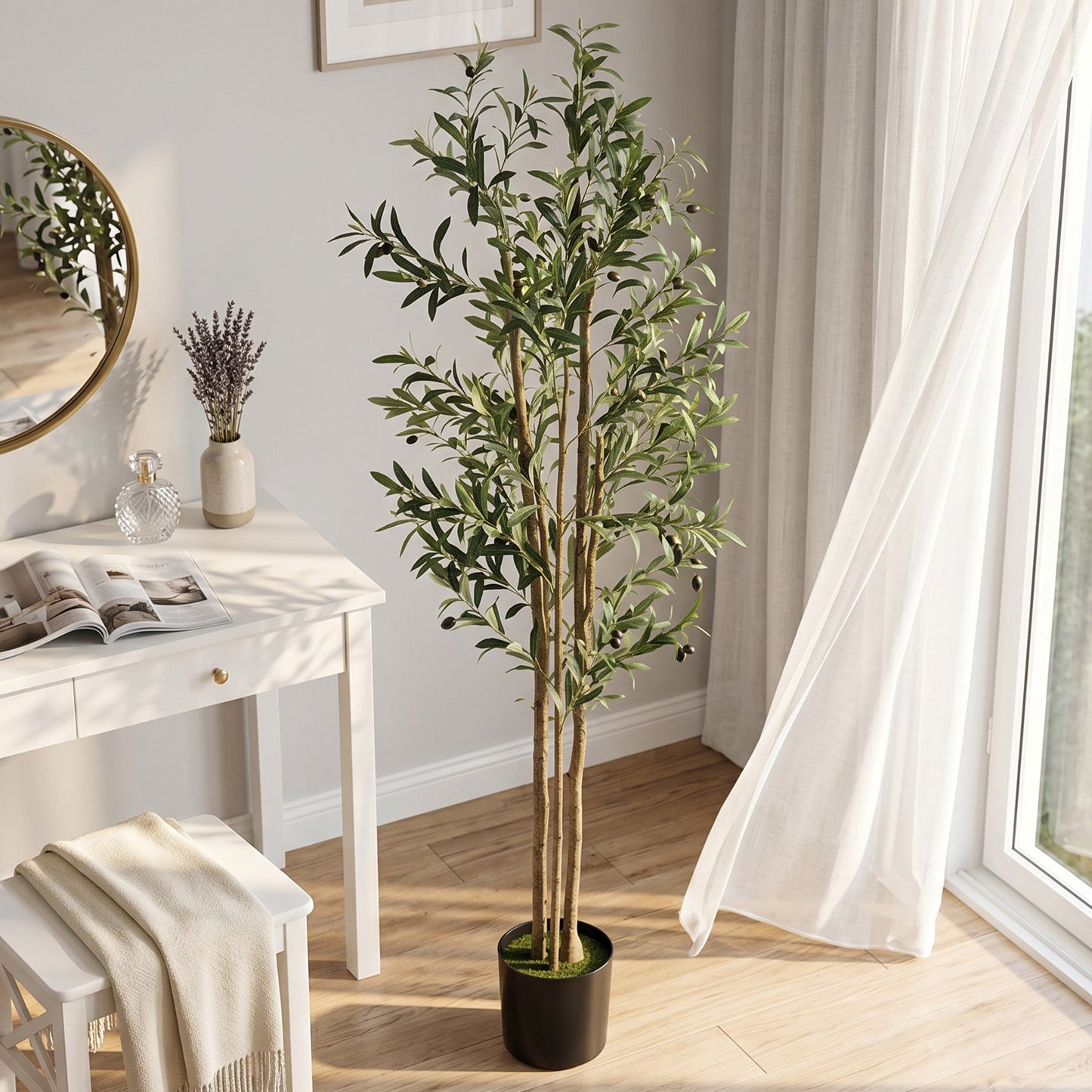 Decorative Artificial Plant, 175 cm Silk Olive Tree with 787 Leaves in Cement Pot, Fake Plant