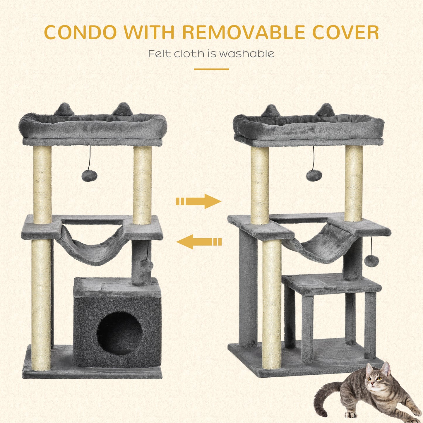 Cat Tree, 90cm Cat Tower with Sisal Scratching Posts, Cat Condo, Hammock, Top Perch and 2 Hanging Toys for Cats, Grey
