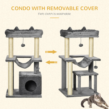 Cat Tree, 90cm Cat Tower with Sisal Scratching Posts, Cat Condo, Hammock, Top Perch and 2 Hanging Toys for Cats, Grey